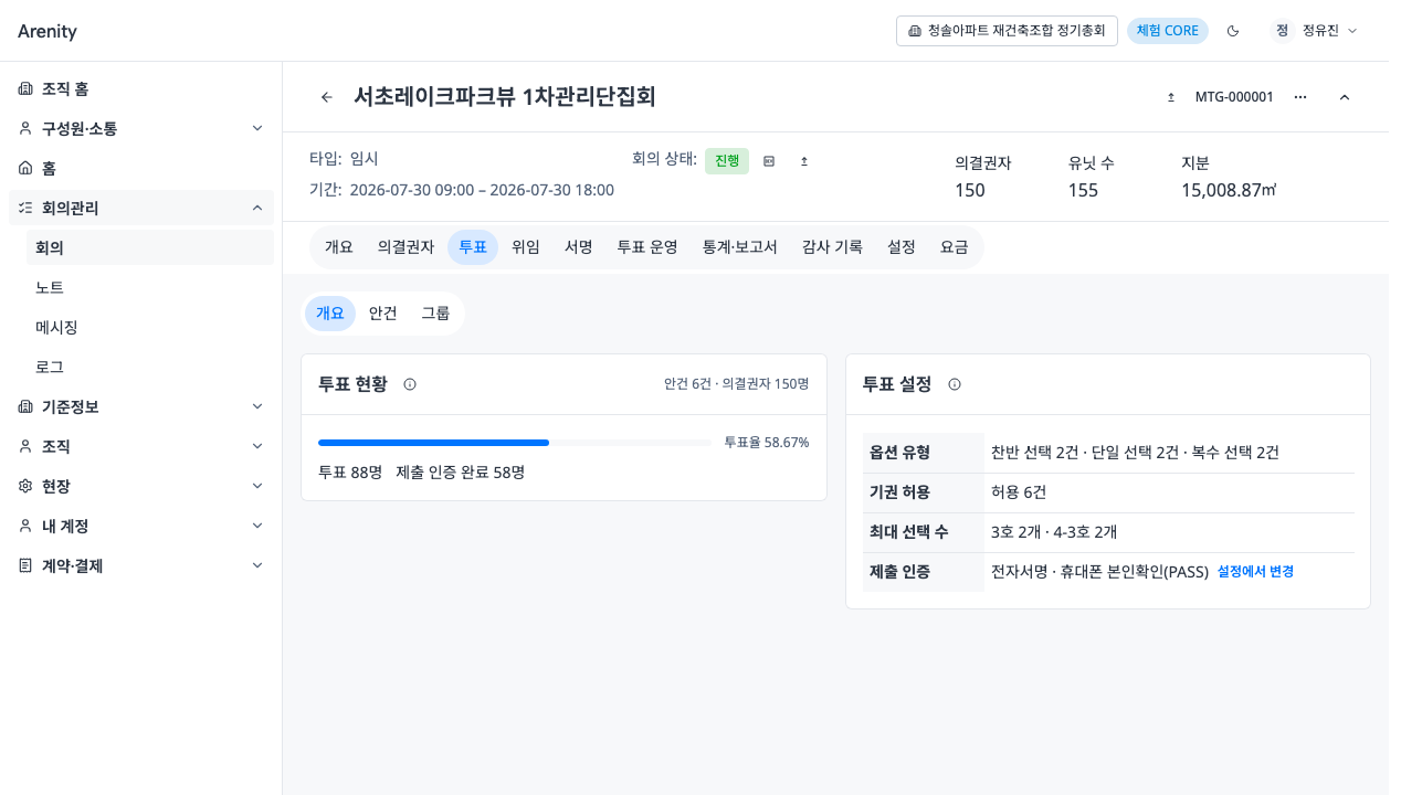 Arenity 콘솔의 회의별 투표 현황과 안건 설정. 표시된 인원과 수치는 샘플 데이터